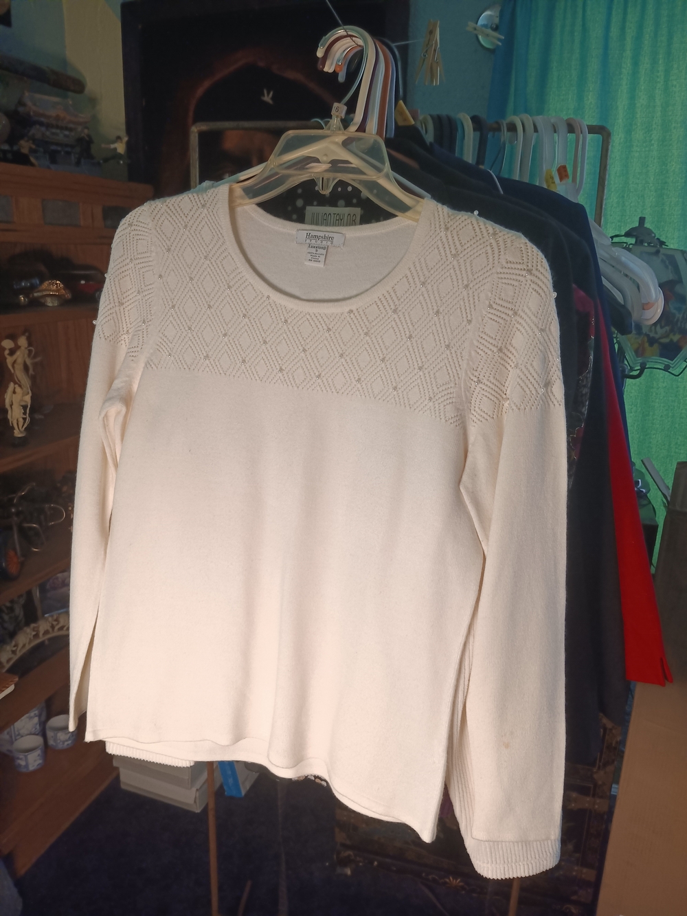Hannah Soft Cream Crewneck Sweater with Textured Yoke